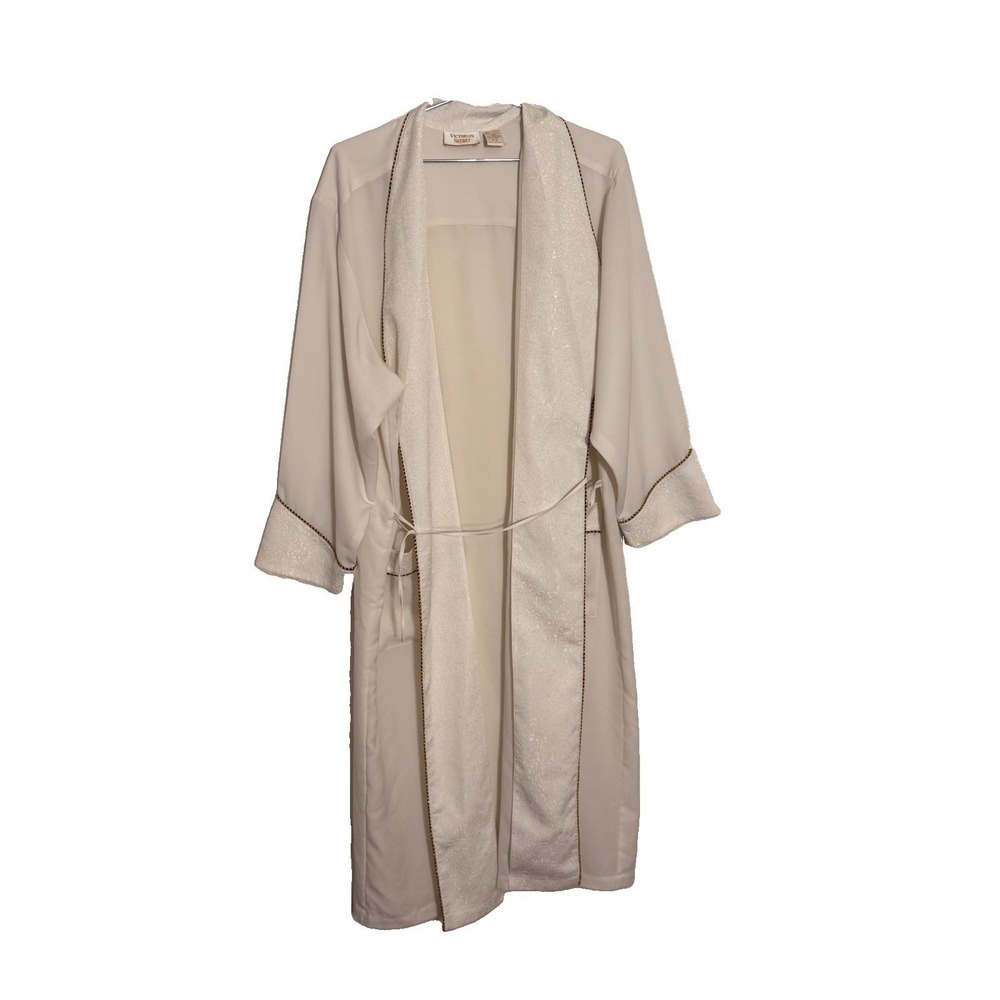 Victoria's Secret Gold Label Satin Jacquard Kimono Robe Ivory Tie Waist Small
